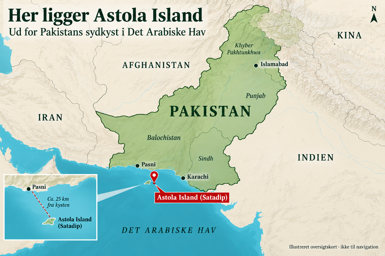 Illustreret oversigtskort over Astola Island sydøst for Pasni ved Pakistans Makran-kyst