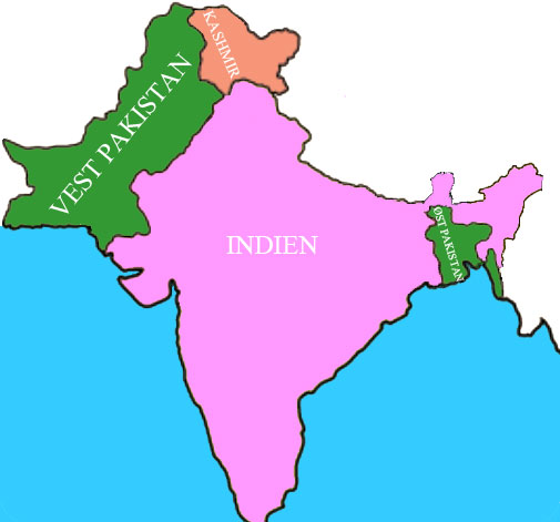 Kort over delingen i 1947: Vestpakistan, Indien og Østpakistan